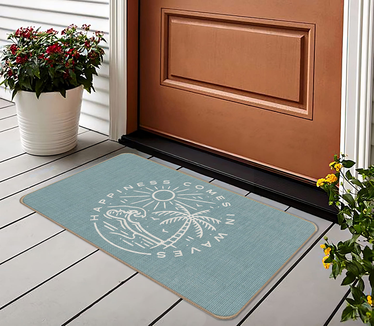 Lacosu Summer Beach House Happiness Comes in Waves Blue Rustic Door Mat Doormat,17"X30" Decorative Coastal House Indoor Outdoor Entry Welcome Door Mat,Ocean Beach Gifts