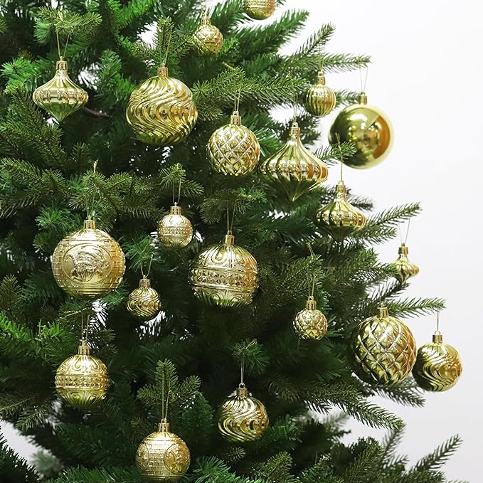 Christmas Ornaments Set with 36pcs Shatterproof Christmas Tree Decorations Multi-Size Christmas Ball Ornaments with 7 Styles Gold