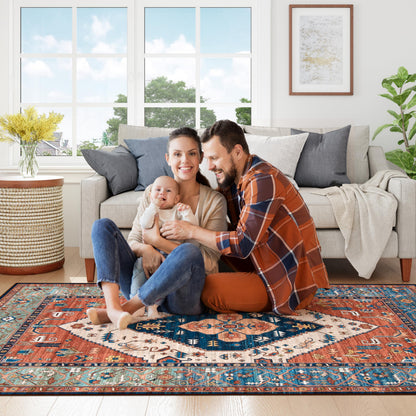 Lahome Area Rugs 9x12 Living Room - Boho Non-Slip Washable Rug Ultra-Thin Stain Resistant Large Carpet Throw Non Shedding Dining Room Mat, Oriental Print Carpet for Bedroom Adelyn (Rust, 9'x12')