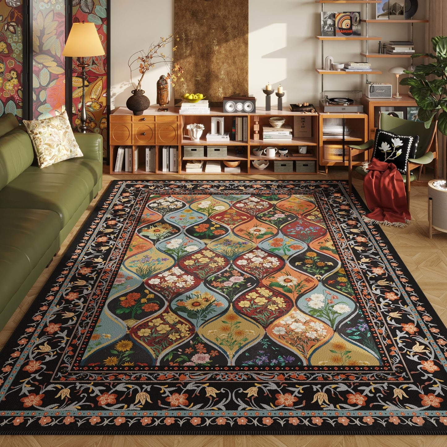 Vowkten Bohemian Geometric Floral Area Rugs 5x7, Machine Washable, Low Pile Soft Carpet, Non-Slip for Living Room, Bedroom, Dining Room, Farmhouse, Kids Playroom, Office | Black