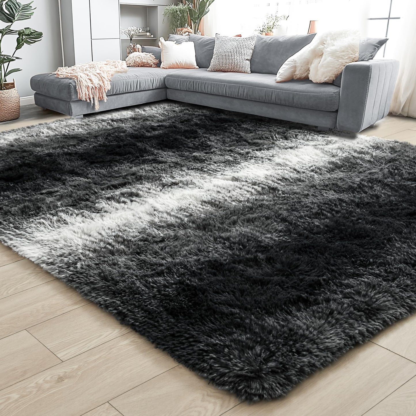 4x6 Black and White Area Rug for Bedroom Living Room Dining Room, Fluffy Shag Soft Plush Furry Carpet, Non-Slip Indoor Floor Mat for Kids Home Decor