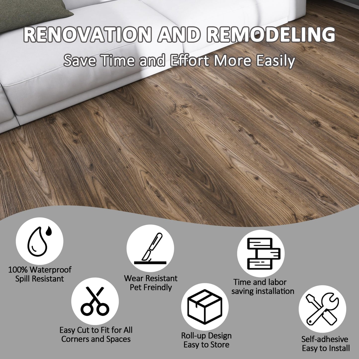Lareko Wood Peel and Stick Vinyl Flooring Roll – 197" Length 12" Width Floor Tile - Dark Brown Self-Adhesive Sheet Flooring Waterproof, Wide Plank for,Bathroom,Bedroom, Kitchen (16 Sq.Ft