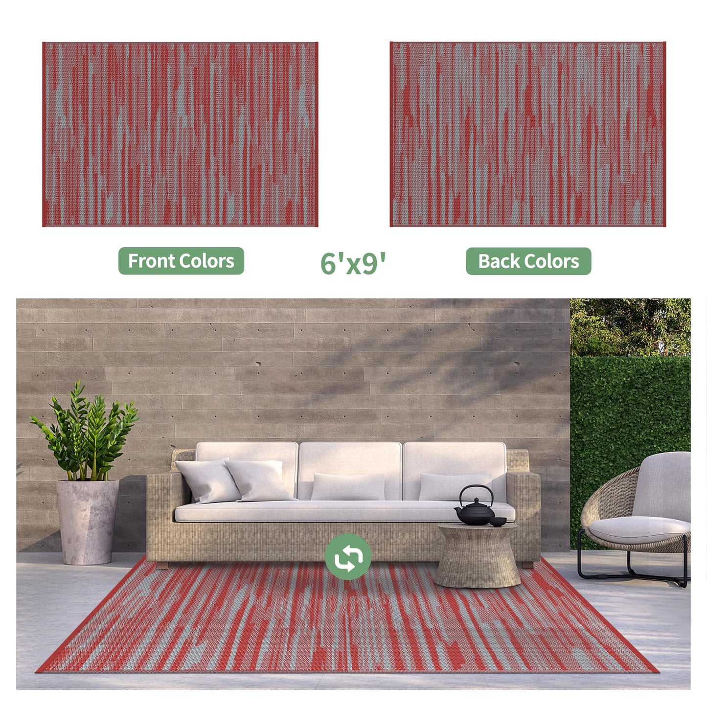 GENIMO Outdoor Rug for Patio Clearance, 6'x9' Waterproof Camping Mat, Reversible Plastic Straw Rugs for RV, Camper, Balcony, Backyard, Picnic, Deck (Red Grey)
