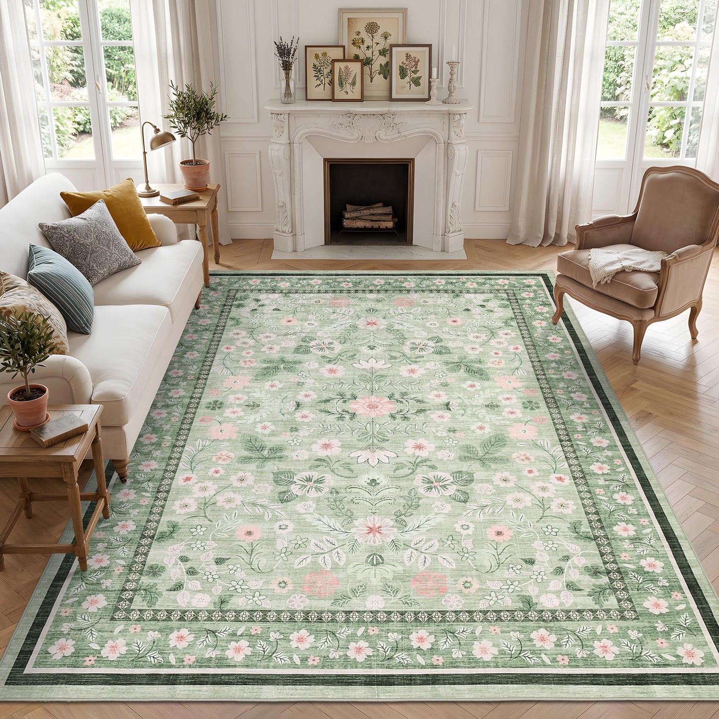 GarveeHome 10x14 Area Rugs for Bedroom Machine Washable Rugs Soft Non-Slip Backing Low Pile Stain Resistant Carpet for Living Room Farmhouse Dining Room Nursery Green