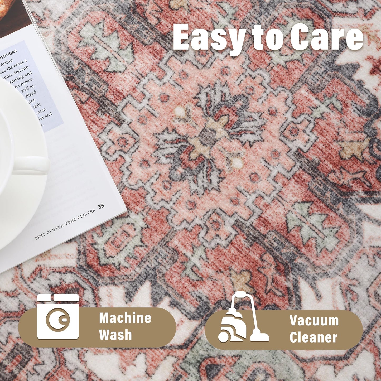 Carvapet 24 inch/61 cm Vintage Round Small Rugs Non-Slip Washable Circle Rug with Rubber Backing Foldable Low Pile Design for Living Room Bedroom, 2 ft Dark Pink Rug