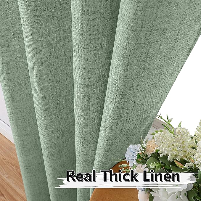 Tollpiz Short Linen Curtains Living Room Rod Pocket Semi Sheer Curtain Burlap Light Filtering Thick Linen Drapes for Bedroom, 54 x 54 inches Long, Sage Green, Set of 2 Panels
