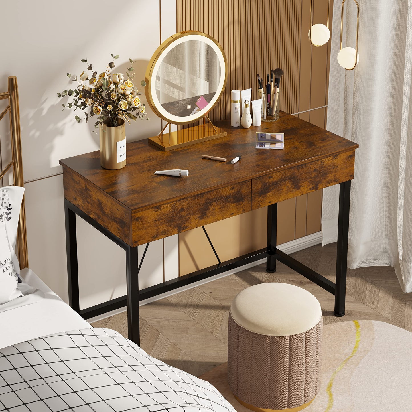 Mexin Small Desk with 2 Wooden Drawers, 40 Inch Home Office Writing Desk, Vanity Desk with Storage, Computer Desk for Bedroom Small Spaces, Table for Office, Kids Study, Makeup, Rustic Brown