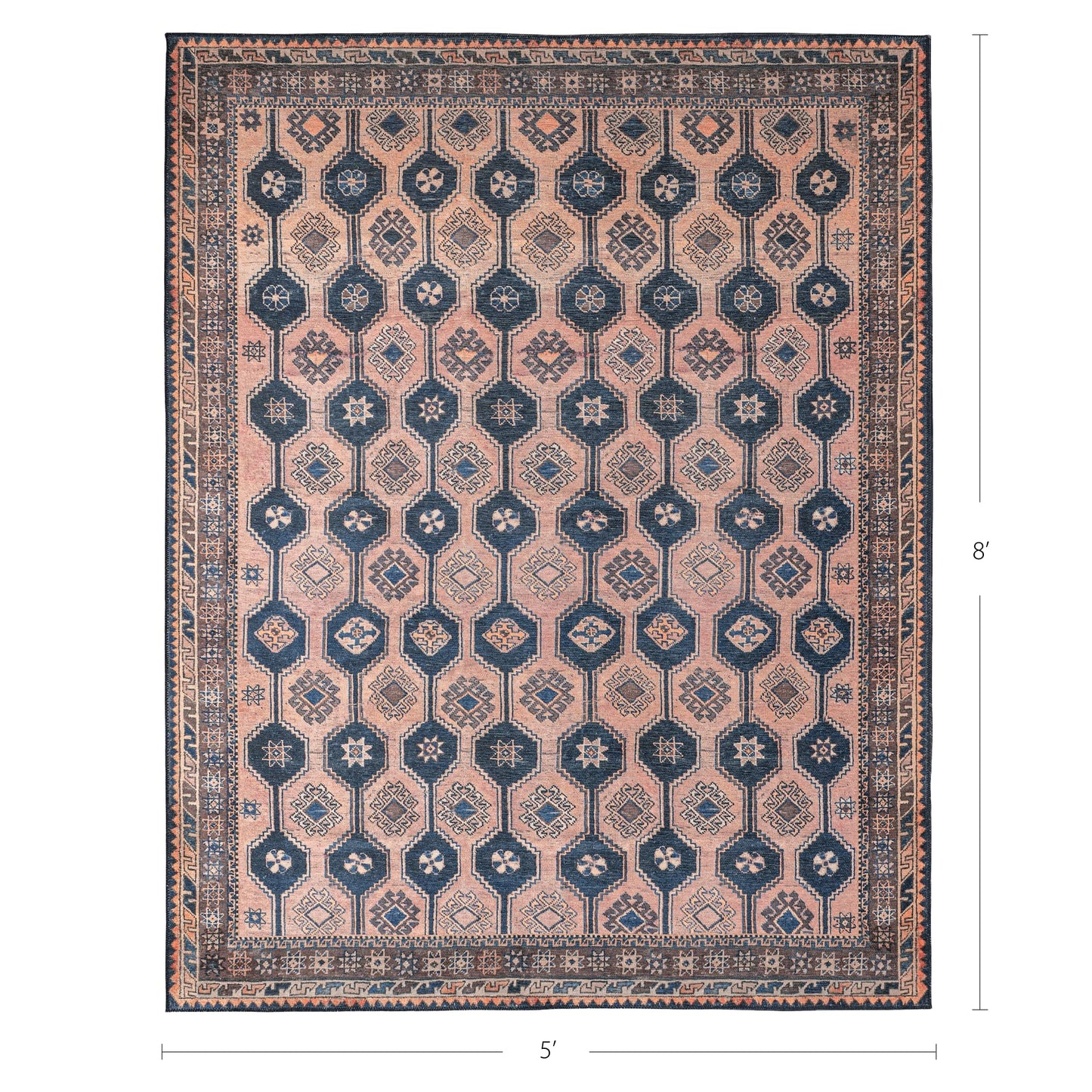 KNOTTING MATTERS Indiclay 5’ x 8’ Area Rug – Blush Pink & Deep Navy Heritage Flatweave, Low-Pile – Easy Clean Area Rug – Perfect for Living Room, Dining Room, Bedroom – Pet & Kid Friendly