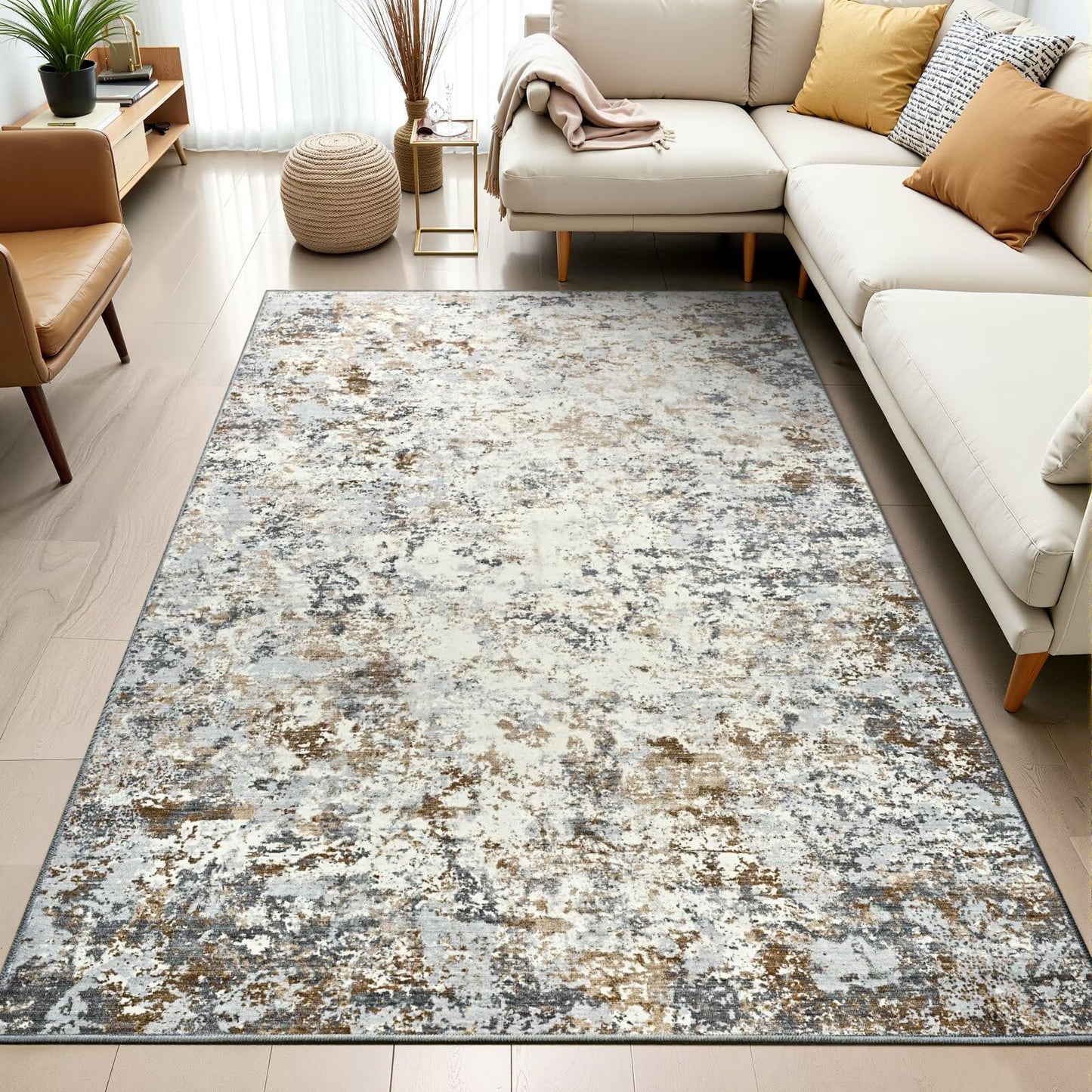 Toneed Abstract Area Rug Modern Washable Rug Soft Non Slip Rug Low Pile for Bedroom Living Room Dining Room Brown/Grey 4x6 Feet
