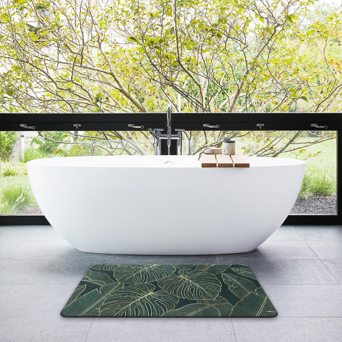 Arttown Tropical Leaves Bath Mat for Bathroom, Golden and Green Palm Leaf Quick Dry and Super Absorbent Bath Mat Rugs, Non Slip Rubber Backing Floor Rug 17x30 Inches for Kitchen Bedroom Indoor