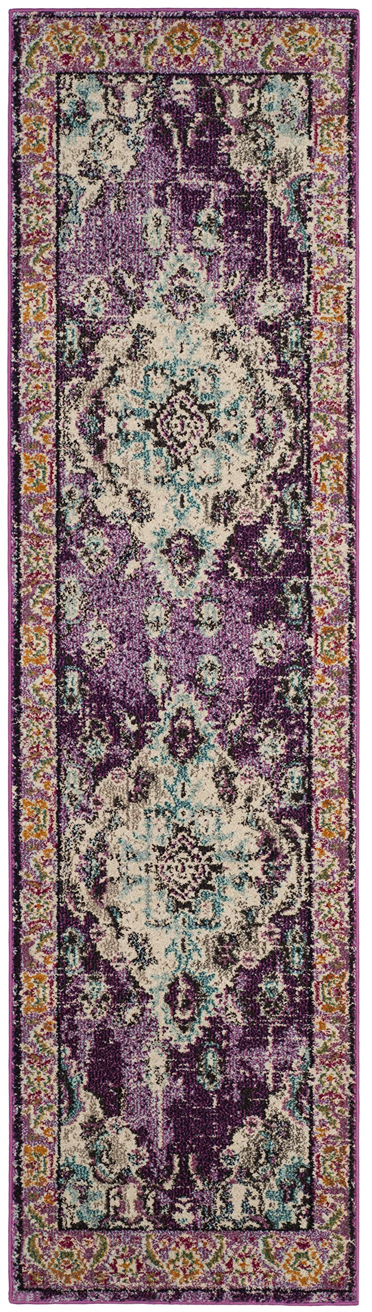 SAFAVIEH Monaco Collection Runner Rug - 2'2" x 6', Violet & Light Blue, Non-Shedding & Easy to Clean, Distressed Medallion Design, Ideal for Hallway, Foyer, Entryway, Kitchen, Bedroom (MNC243L)