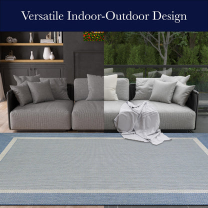 Couristan Recife Indoor Outdoor Rug - Stria Texture 7'6" x 10'9" Rectangle in Ivory and Blue, Hose Washable, Low Pile, Pet- Kid Friendly Home Decor for Living Room, Patio Furniture Set, Kitchen