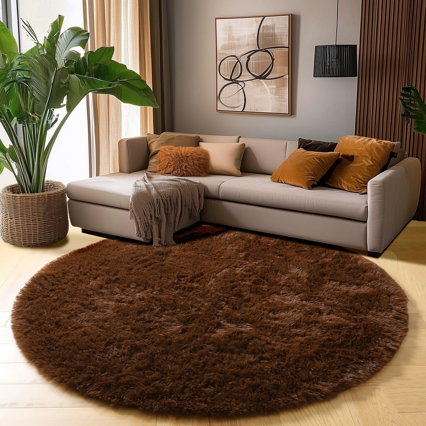 Amdrebio Dark Brown Rug 4Ft for Bedroom, Round Fluffy Shag Plush Area Rugs for Kids Room, Living Room Decor Aesthetic, Fuzzy Fur Floor Chocolate Coffee Circle Carpet for Playroom Dorm Baby Nursery