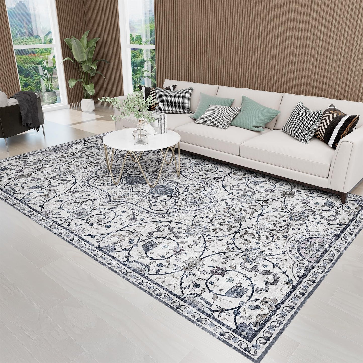SALLOUS Vinyl Floor Mat for Home, 5' x 8' Waterproof Area Rug for Living Room, Non-Slip Area Rug for Under Dining Table, Vinyl Hard Floor Protector Mat for Bedroom, Kitchen, Bathroom (Grayish Blue)