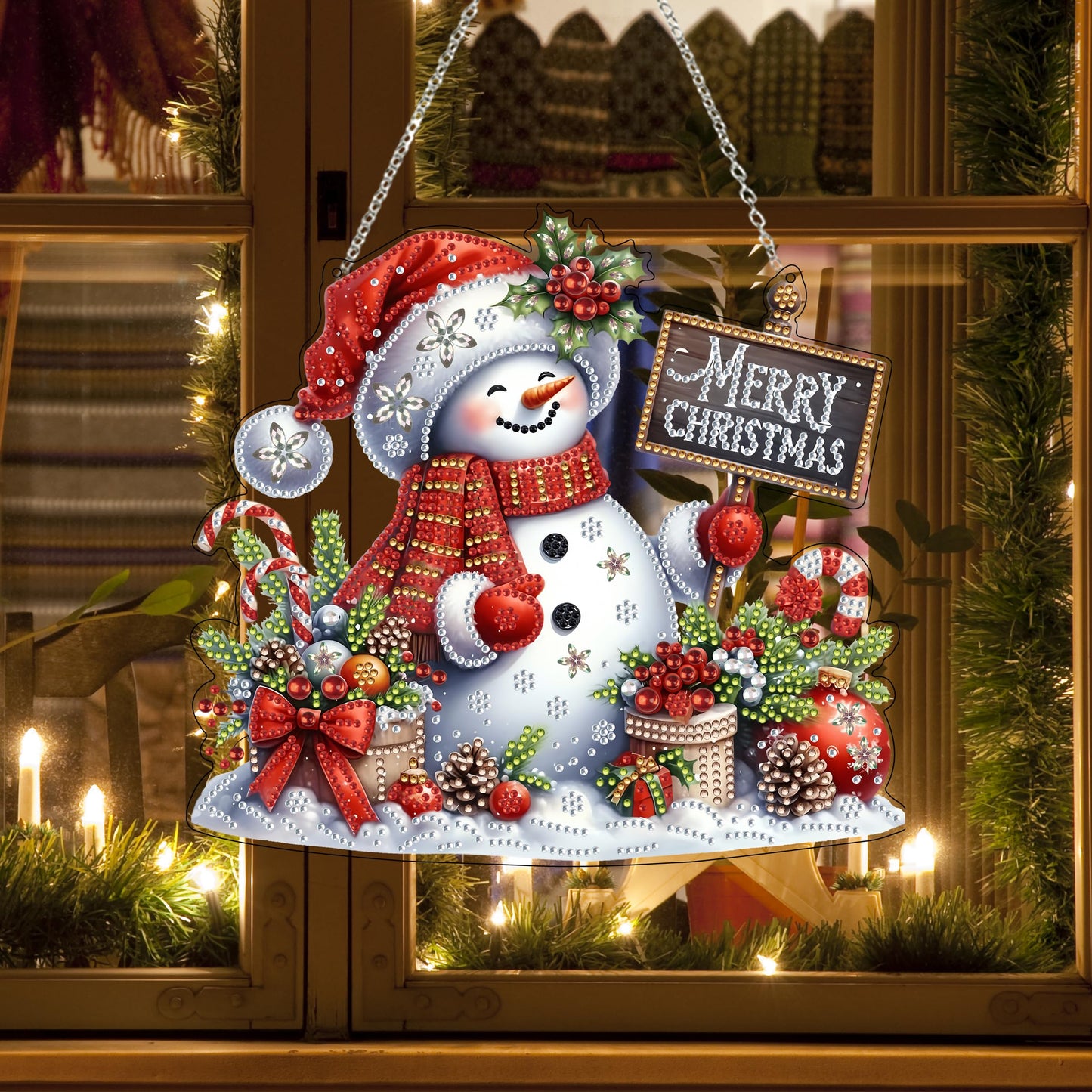 JJFox Diamond Art Hanging Kit for Adult,Special Shaped Rhinestone,DIY Acrylic 5D Diamond Art Painting Window Pendants Home Garden Wall Hanging Kits Hanging Ornament,Double Sided. (Christmas snowman1)