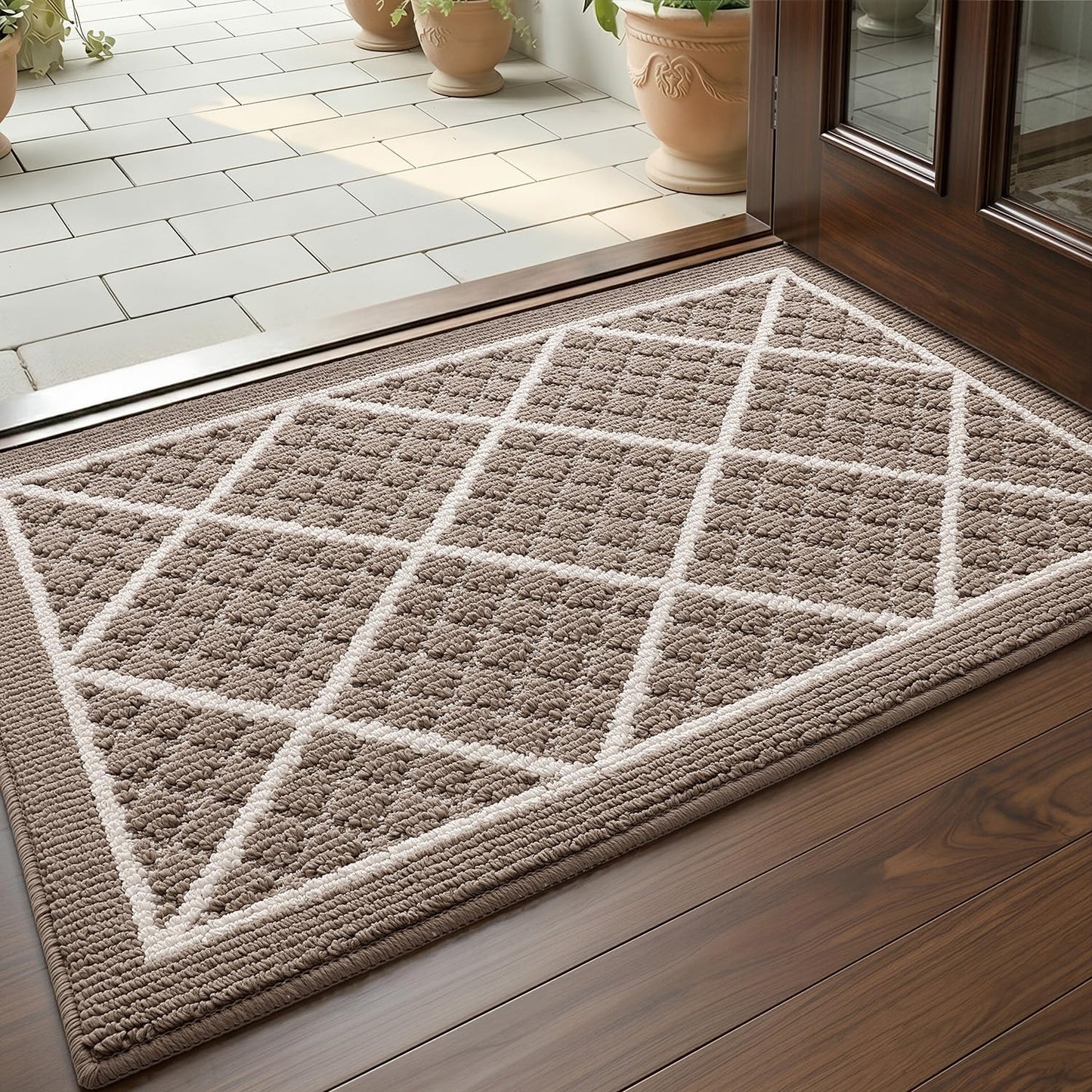 DEXI Front Door Mat 17x30, Non Slip Absorbent Entryway Doormat, Low Profile Thin Washable Entry Mats for Inside Home Entrance, Garage, Patio, Beige