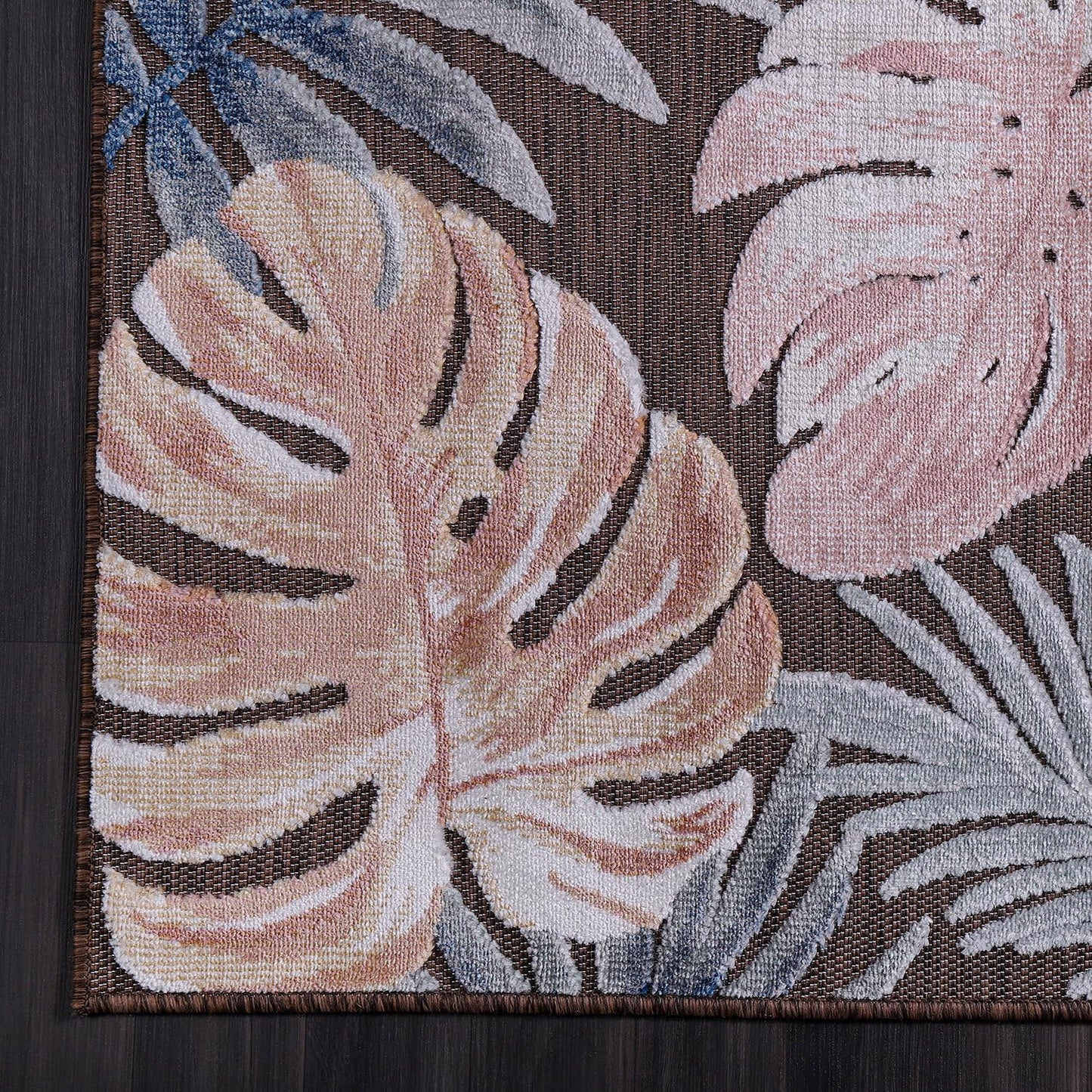 CAMILSON Indoor Outdoor Rug, Brown 9’x12’ Leaf Tropical Botanical Area Rugs for Indoor and Outdoor patios, Easy-Cleaning Non-Shedding Living Room, Garden and Kitchen Washable Outside Carpet (9x12)