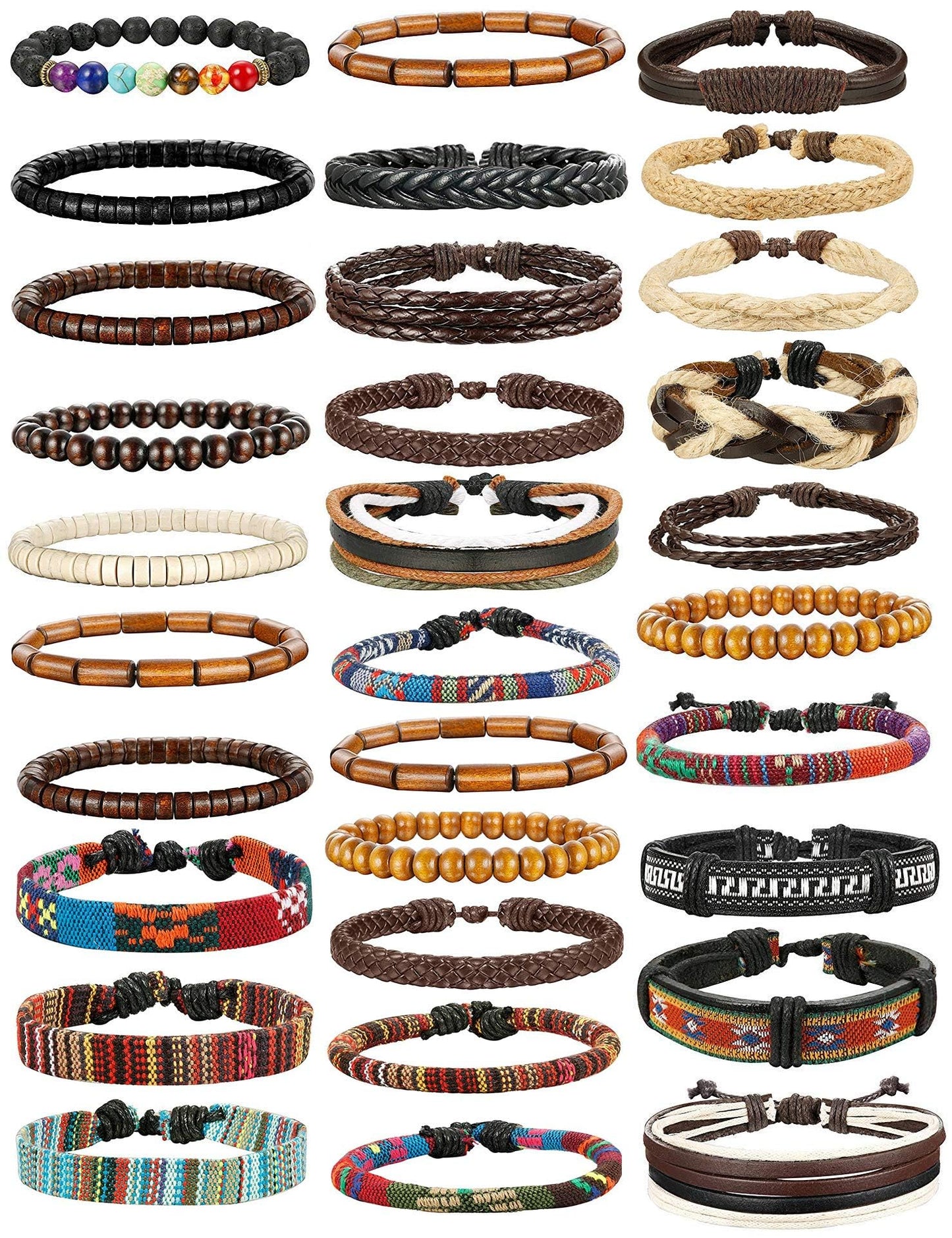 FIBO STEEL Braided Leather Bracelets for Men Women - Wooden Beads Cool Wrap Cuff Bracelets Mens Hemp Tribal Wristbands Punk Vintage Bracelet Set 31 Pcs