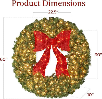 Best Choice Products 60in Large Artificial Pre-Lit Fir Christmas Wreath Holiday Accent Decoration for Door, Mantel w/Red Lighted Bow, 375 LED Lights, 930 PVC Tips, Power Plug-in