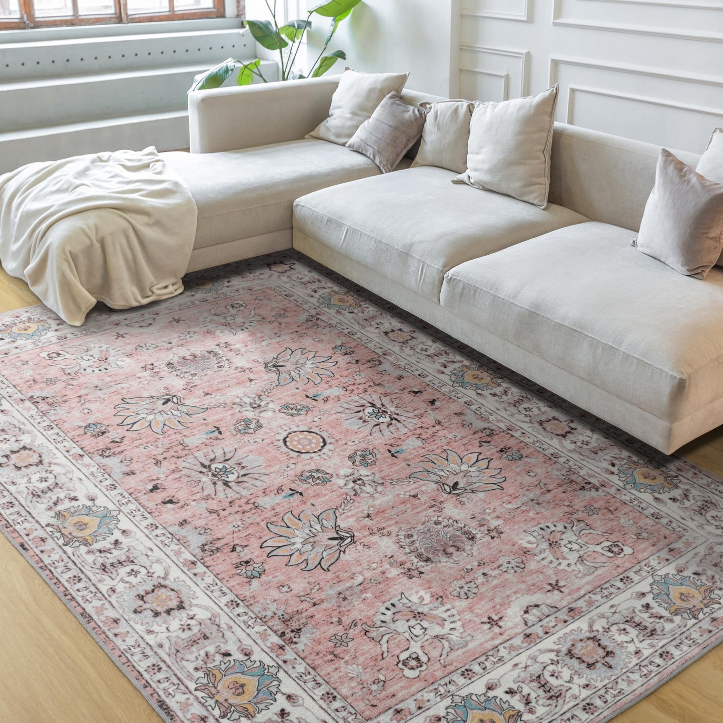 ULTSOFE Machine Washable Rug 4x6 Boho Area Rug, Pink Rugs for Bedroom Girls Bedside Living Room Dining Room Office, Anti Slip Low-Pile Stain Resistant Printed Vintage Floral Carpet Rugs