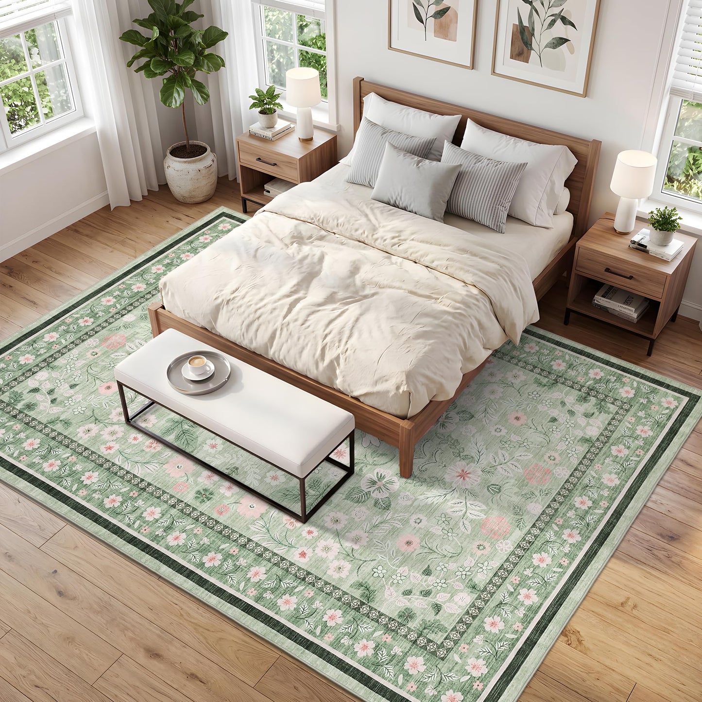 GarveeHome 10x14 Area Rugs for Bedroom Machine Washable Rugs Soft Non-Slip Backing Low Pile Stain Resistant Carpet for Living Room Farmhouse Dining Room Nursery Green