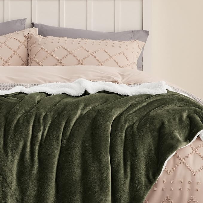Bedsure GentleSoft Sherpa Fleece Blankets Queen Size for Bed - Thick and Warm Throw for Men, Soft Fuzzy Plush Queen Blanket for Winter, Olive Green, 90x90 Inches