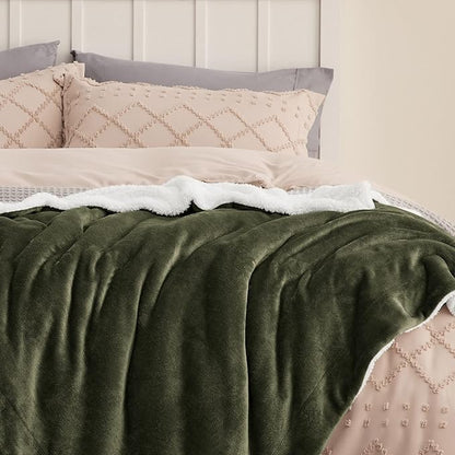 Bedsure GentleSoft Sherpa Fleece Blankets Queen Size for Bed - Thick and Warm Throw for Men, Soft Fuzzy Plush Queen Blanket for Winter, Olive Green, 90x90 Inches
