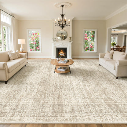 Soalmost 10x14 Area Rugs for Living Room, Non Slip Machine Washable Vintage Rugs, Low Pile Lightweight Large Rug for Bedroom, Dining Room, Home Office Beige