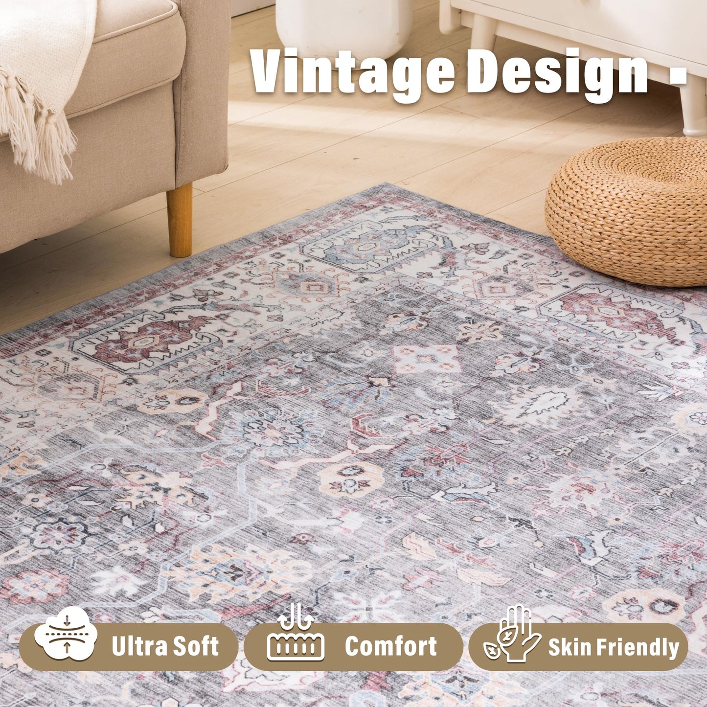 Carvapet 5x7 Area Rug - Gray Pink Vintage Floral Traditional Rectangular Carpet Low Pile, Non Slip Rubber Backing Machine Washable Rugs for Living Room Bedroom