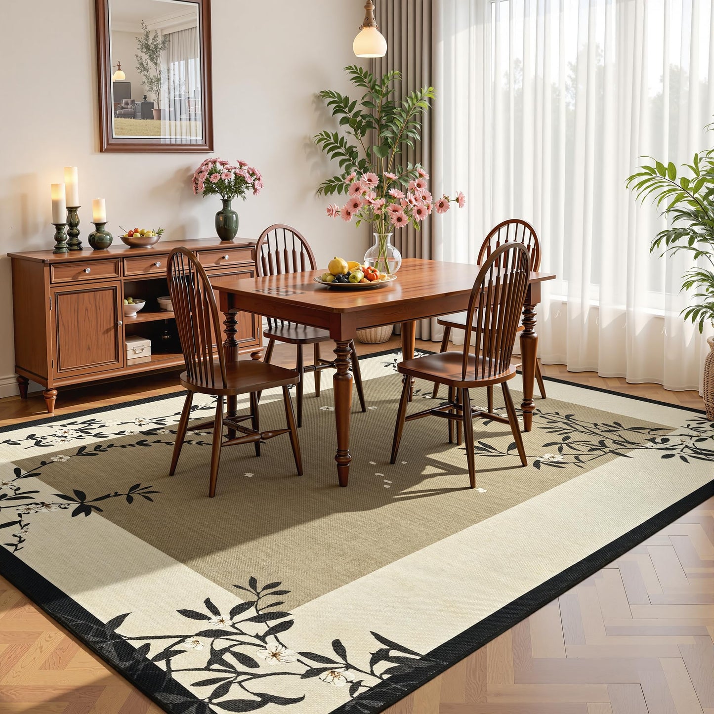 FALARK Easy Jute 4x6 Outdoor Patio Rug, Washable Rugs for Entryway Indoor Living Room Carpet, Oriental Brown Cherry Blossom Branch Neutral Non Slip Thin Door Carpet for Backyard Bedroom Kitchen