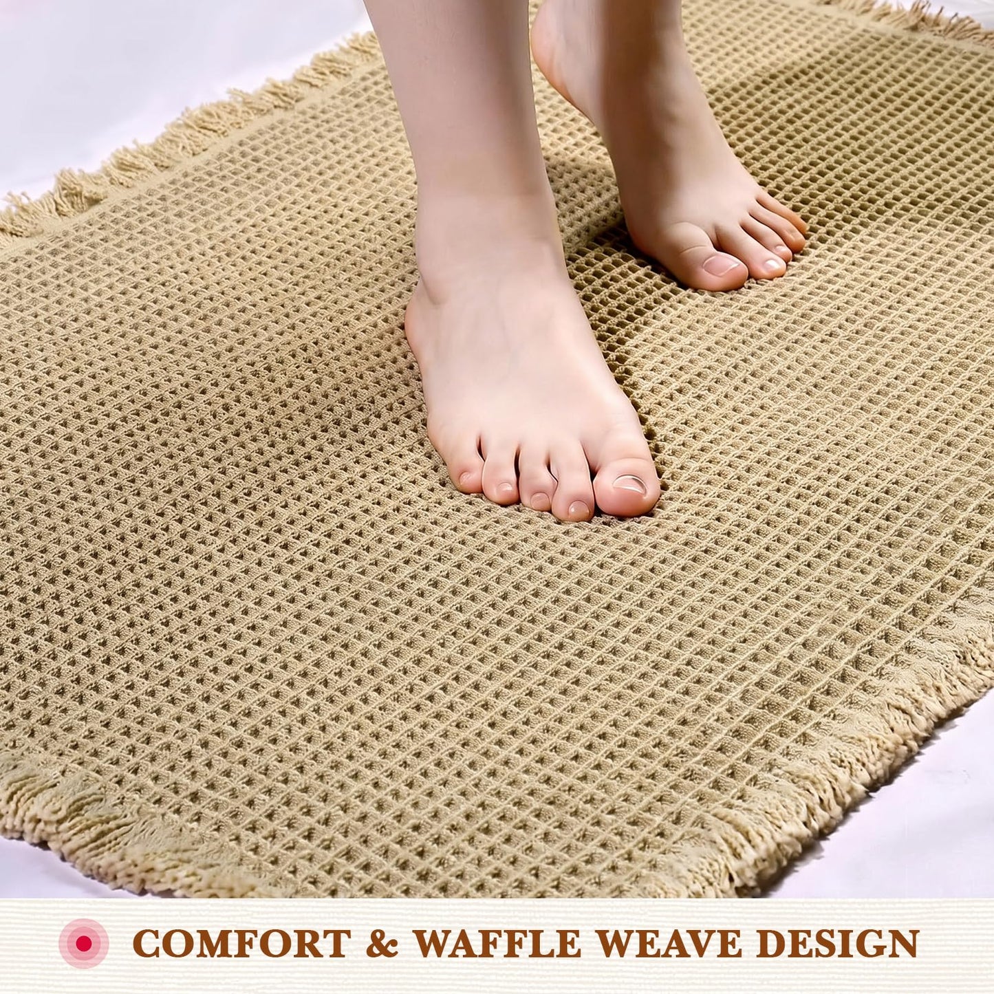 Waffle Bath Mat, Modern Woven Absorbent Non Slip Bathroom Rugs, Machine Washable Bath Rugs, Quick-Drying Bathroom Mats, Boho Tassel Style Suitable For Bathroom Floor, Brown, 24"X17"+36"X24"+48"X24"