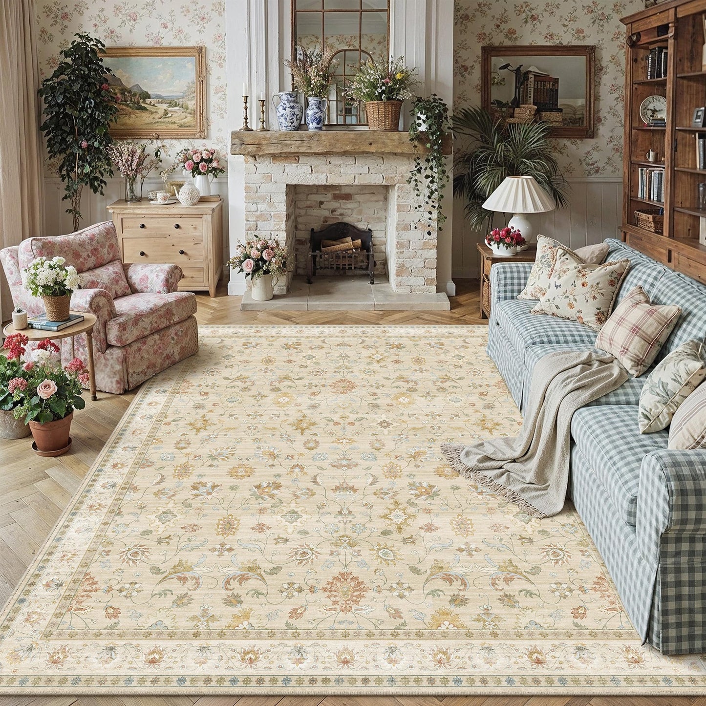 HUGEAR Area Rug 8x10 Vintage Beige Machine Washable Living Room Rugs Distressed Retro Floral Vacuumable Low Pile Carpet Bedroom Office Dining Farmhouse Playroom Non Slip