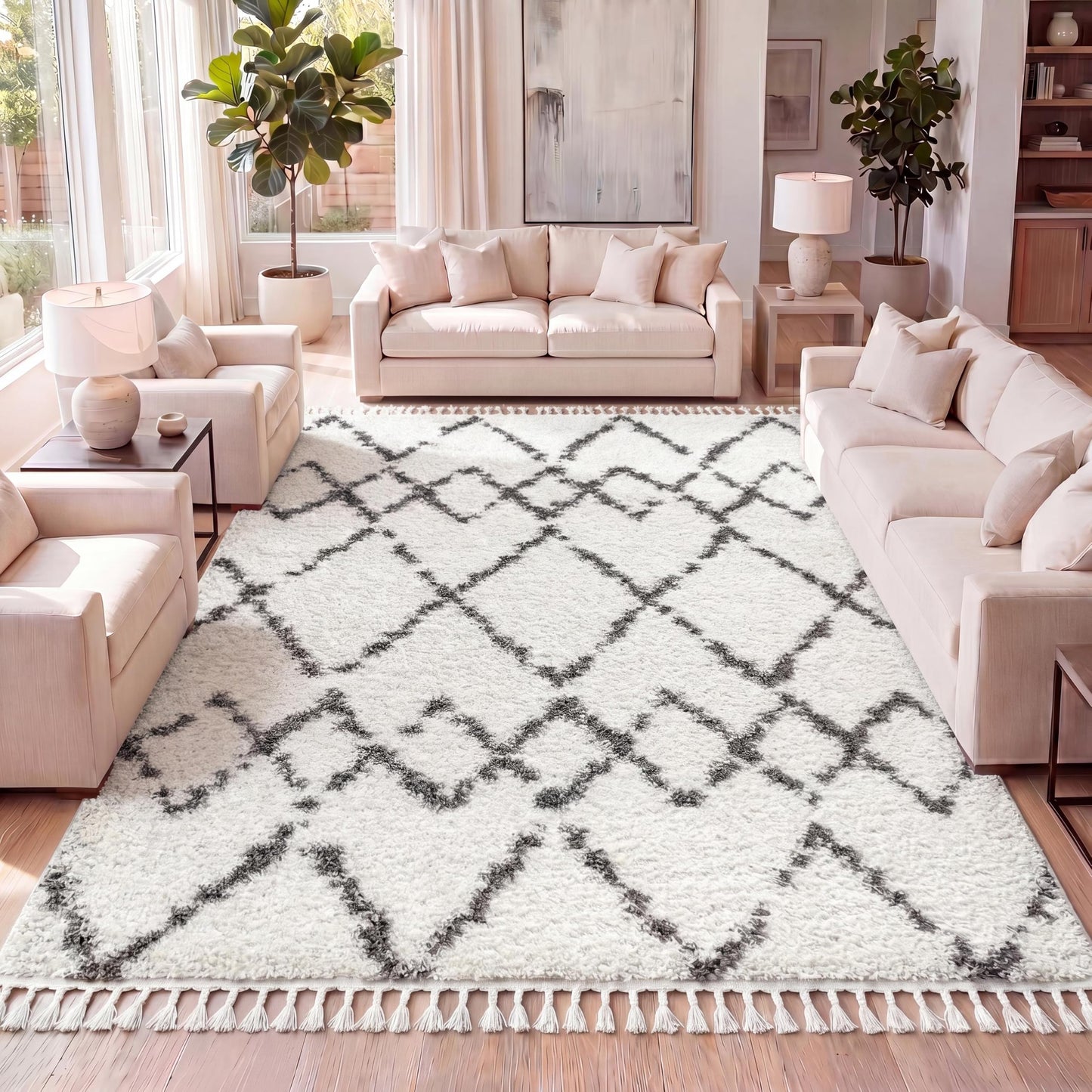 JONATHAN Y Mercer Shag Plush Tassel Ivory/Gray Indoor Area Rug, 3x5, Moroccan Geometric Trellis, Contemporary, Easy-Cleaning for Living Room, Bedroom, Kitchen, Pet Friendly, Non-Shedding (MCR102B-3)