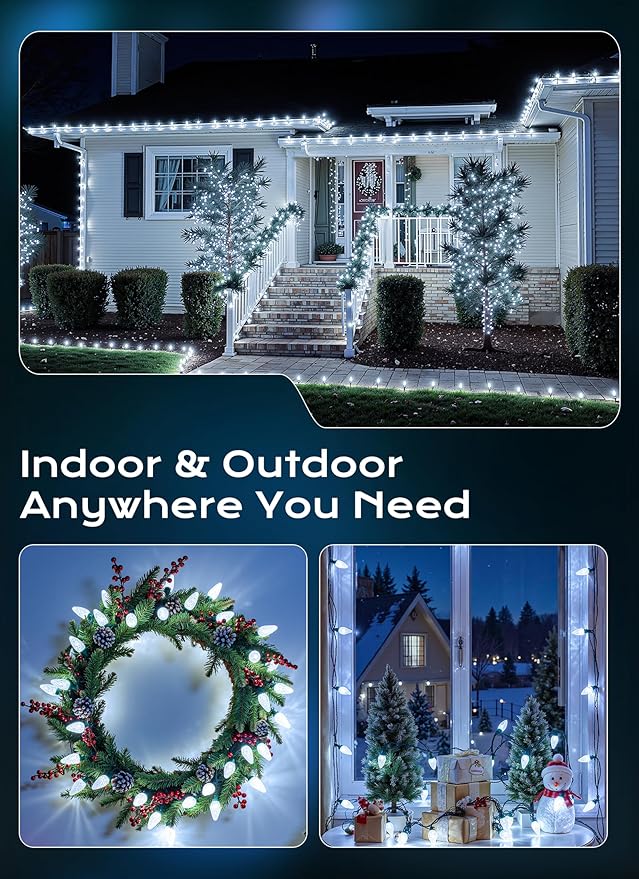 Minetom C9 Christmas Lights Outdoor, 72 FT 110 LED C9 String Lights, 8 Modes & Timer Connectable Waterproof for Christmas Tree Light Indoor Outdoor Roofline Patio Outside Yard Xmas Decor, White 72FT
