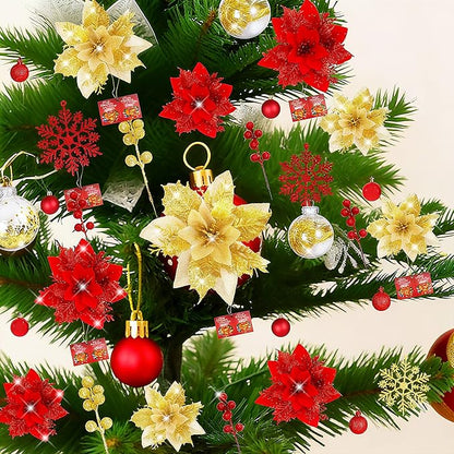 76Pcs Christmas Tree Decorations Set, Golden Red Assorted Ornaments with Large Shatterproof Plastic Balls, Star Tree Topper, Glitter Berries Stems, Ribbon for Indoor Garland Home Holiday Wedding Decor