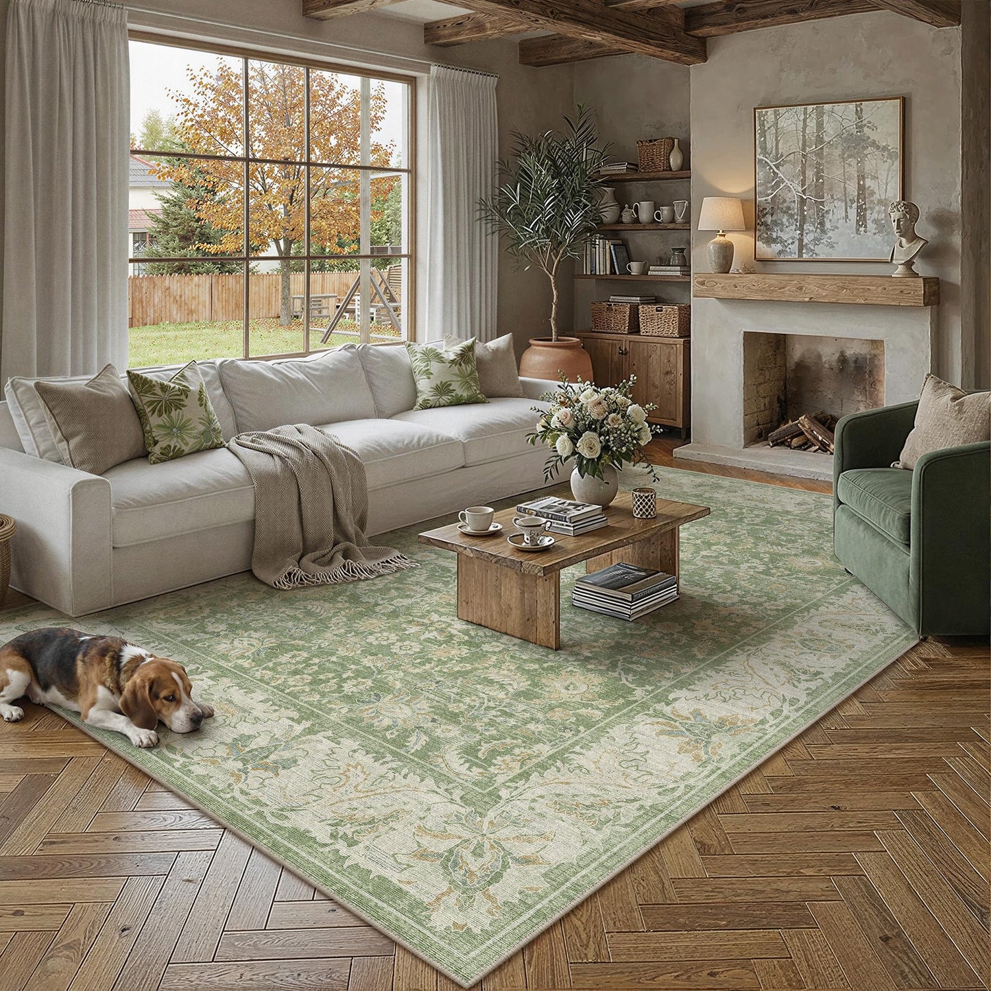 WondRg 6x9 Washable Area Rug for Living Room Bedroom Green Low Pile Non Slip Rug Neutral Distressed Carpet Dining Room Classroom Playroom Home Decor