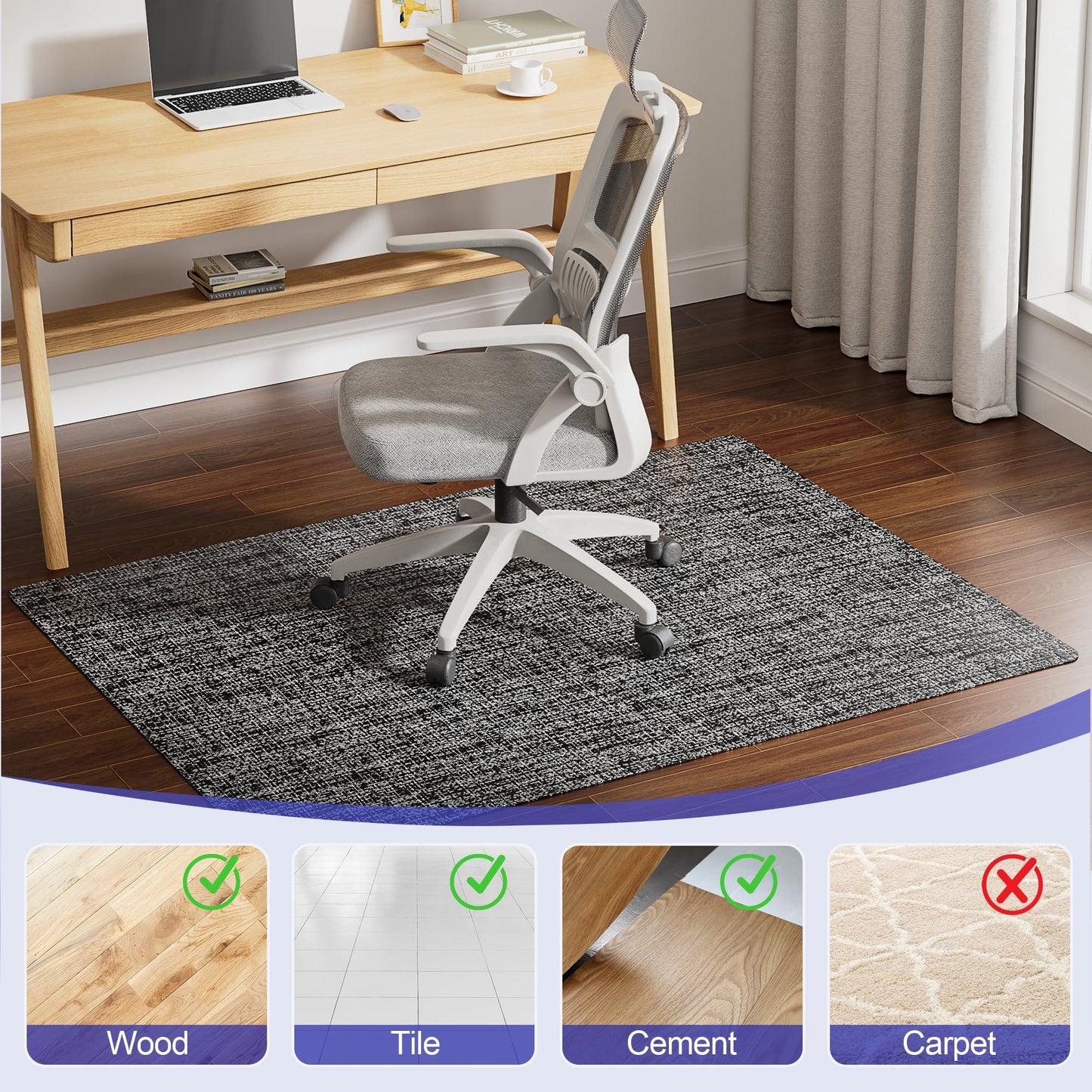 Delamu Office Chair Mat for Hardwood Floor, Non-Slip PVC Woven Computer Desk Chair Mat, 45"×53" Heavy Duty Hard Floor Protector for Rolling Chairs, Black & White, Not for Carpet