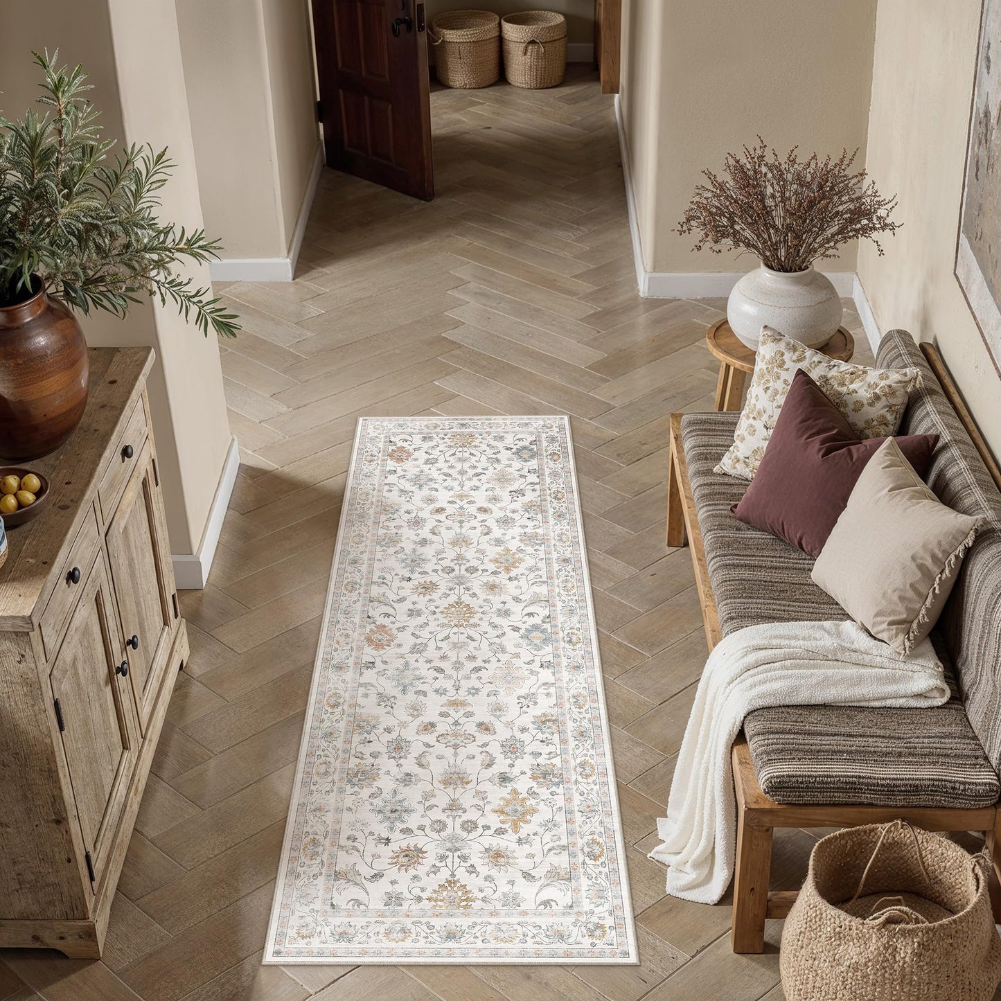 HUGEAR 2x6 Runner Rug Hallway Vintage Grey Beige Machine Washable Retro Floral Low Pile Carpet Vacuumable Distressed Long Throw Rug Bedroom Office Bathroom Kitchen Farmhouse Playroom Non Slip