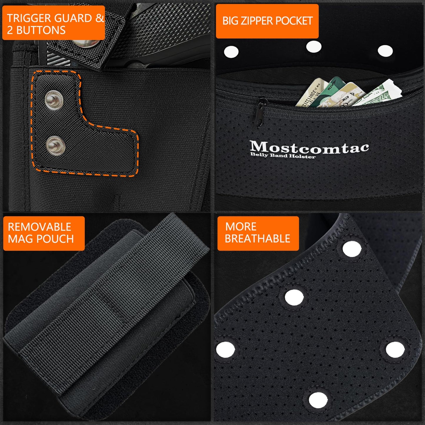 Mostcomtac Belly Band Holster for Men and Women - Comfortable and Breathable Gun Holster for Pistol Fits Glock 19 17 42 43 43x, Taurus, Ruger LCP, S&W M&P Shield and Most Guns and Revolvers