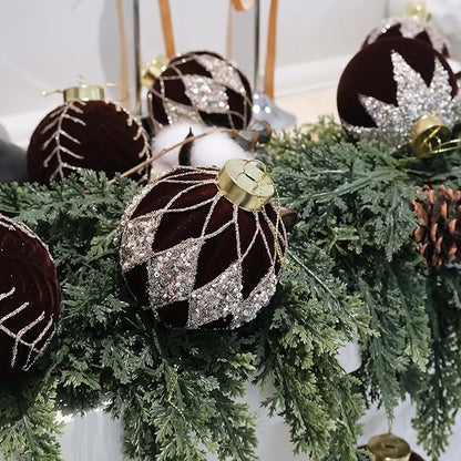 4inch Velvet Ornaments for Christmas Tree, 9PCS Glitter Flocked Christmas Ornaments Decorations Balls Set Decor Brown