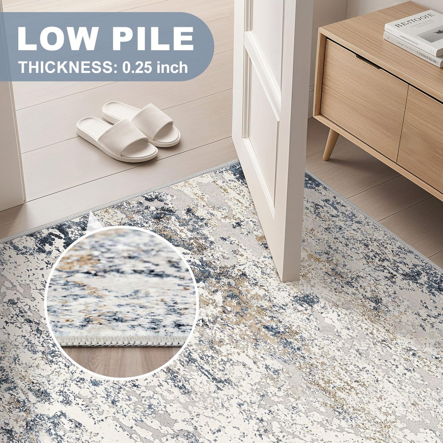 DMOYEST Square Area Rug Living Room Rugs - 6x6 Washable Large Soft Indoor Neutral Modern Abstract Low Pile Rug Carpet for Bedroom Dining Room Farmhouse Home Office - Beige Blue