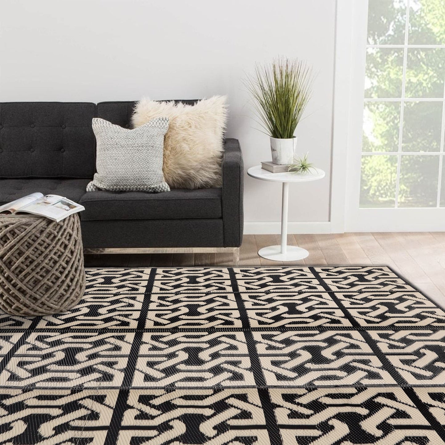 SAND MINE Reversible Mats, Plastic Straw Rug, Modern Area Rug, Large Floor Mat and Rug for Outdoors, RV, Patio, Backyard, Deck, Picnic, Beach, Camping, Trailer, Black & Beige, 5' x 8'
