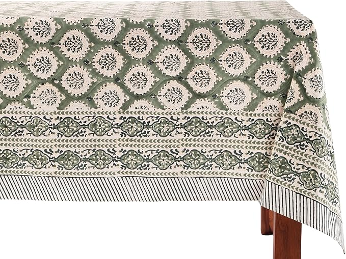 ATOSII Kari Green 100% Cotton Square Boho Summer Tablecloth, Block Print Floral Table Cloth Linen for Dining, Parties, Wedding, Outdoors Home Decor 60 X 60 Inches I 4 Seater I