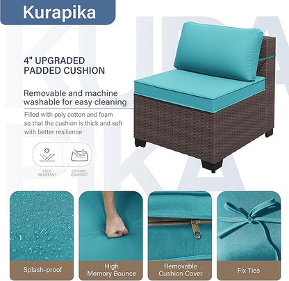 Kurapika 12 Pieces Patio Furniture Set, Rattan Wicker Sofa Set, Outdoor Conversation Sets w/Swivel Rocking Chairs Patio Sectional Sofa w/4 Inch Cushion, Blue