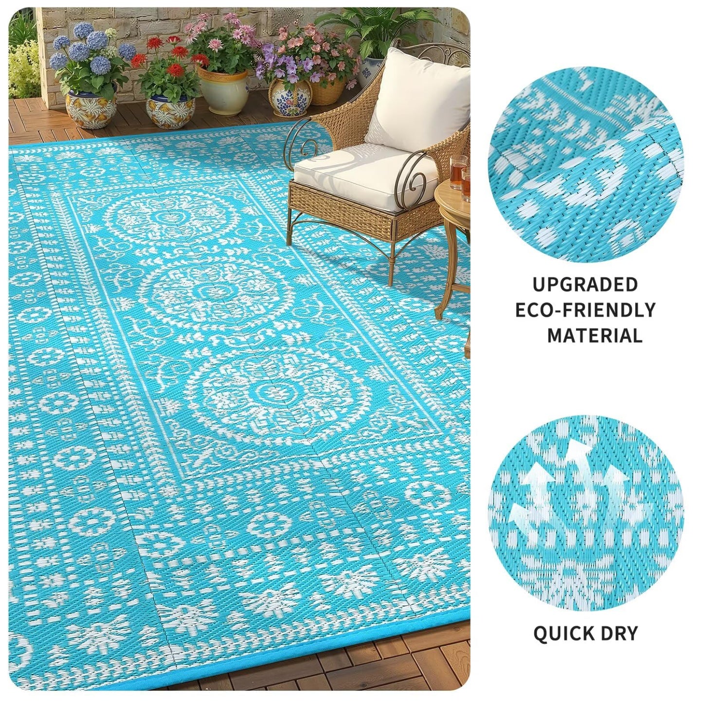 Garvee Reversible Outdoor Rug 5x8 for Patio, Waterproof Outdoor Area Rug, Boho Medallion Indoor Outdoor Carpet for Porch, Plastic Straw Rug for RV, Camping, Deck, Blue and White
