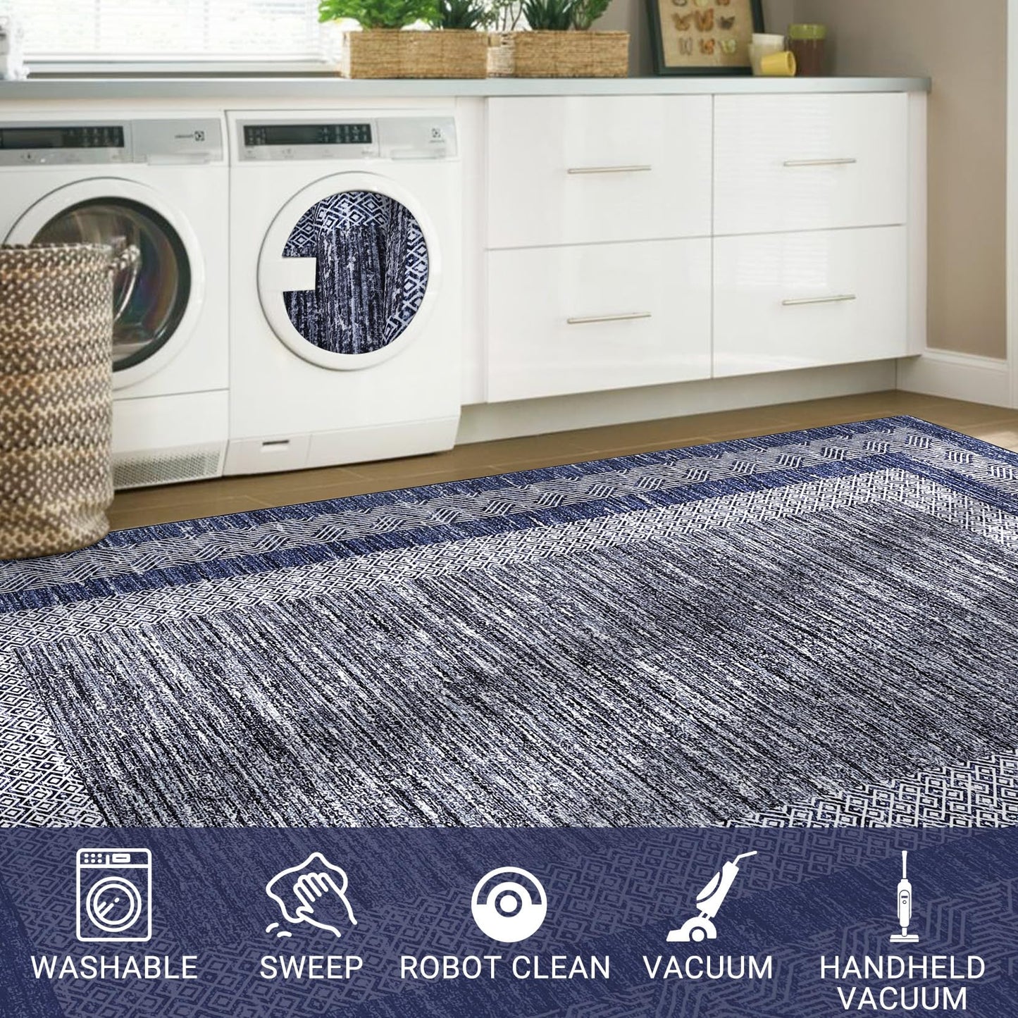 GarveeHome 2x6 Modern Bordered Runner Rug Soft Non Slip Runner Washable Non Shedding Floor Carpet, Distressed Geometric Hallway Runner, Indoor Printed Runner for Kitchen, Entrance, Blue