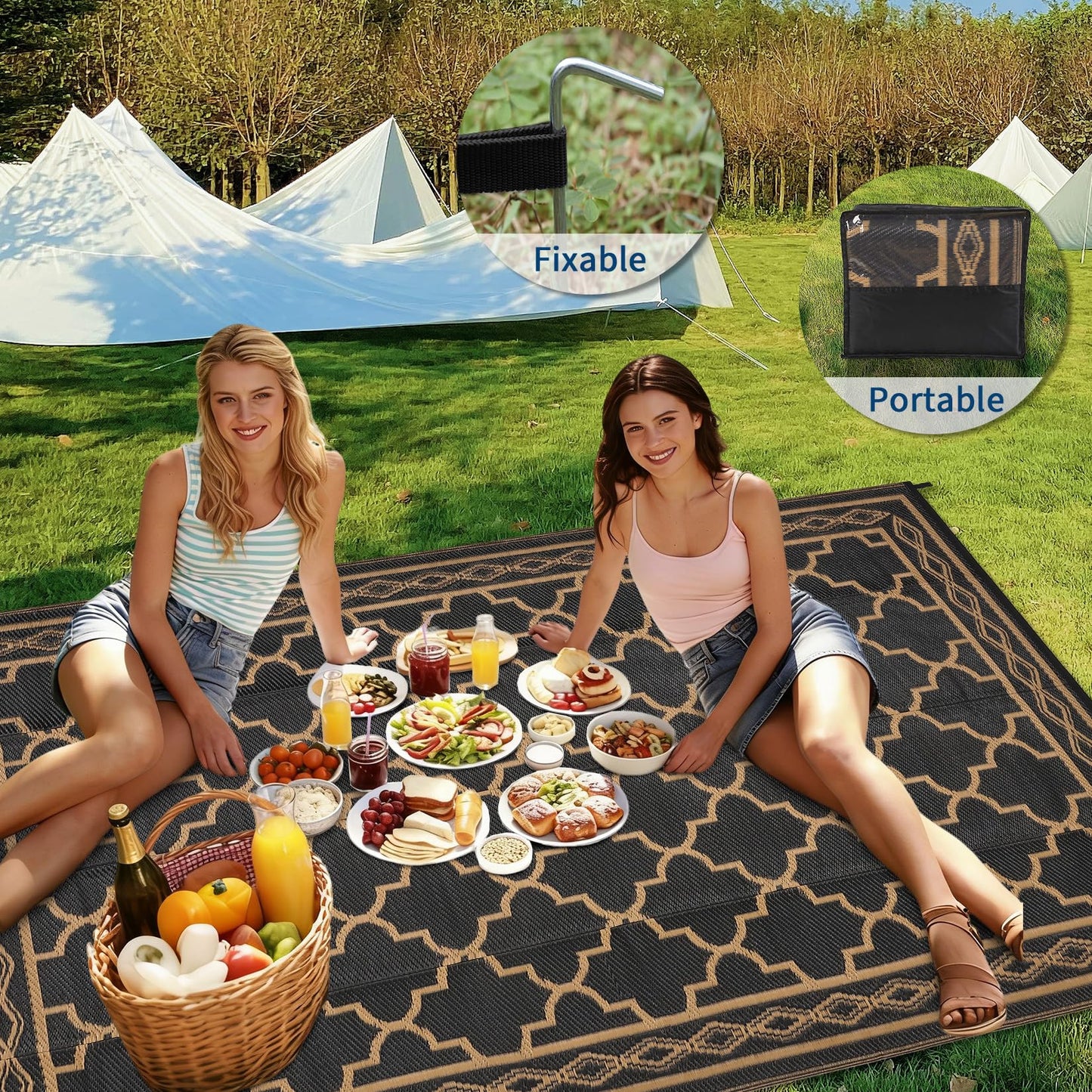 GlowSol Outdoor Rug Waterproof 8x10 ft Reversible Outdoor Plastic Straw Patio Rugs,Foldable Camping Rug with Carry Bag, RV Mat Outside Rugs for Patio,Picnic,Balcony,Deck,Backyard,Pool, Black/Brown