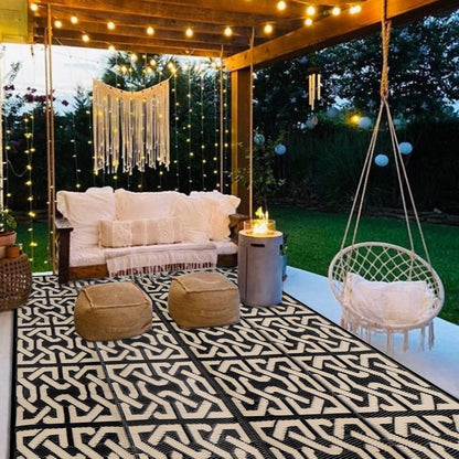 SAND MINE Reversible Mats, Plastic Straw Rug, Modern Area Rug, Large Floor Mat and Rug for Outdoors, RV, Patio, Backyard, Deck, Picnic, Beach, Camping, Trailer, Black & Beige, 9' x 12'