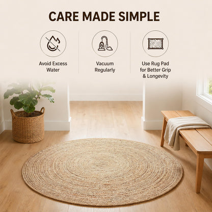 Jute Braided Area Rug, Natural - 4 Feet Round, Boho Neutral Rattan Circle Hand Woven Rugs for Living Room, Bedroom, Nursery, Kitchen, Indoor Use | Farmhouse Rustic Patio Floor Mat for Home Décor