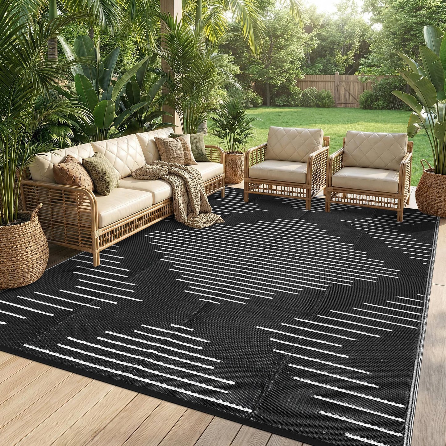 Garvee Waterproof Outdoor Rug 5x8 Rug Plastic Reversible Area Rugs Indoor Outdoor Carpet for Patio RV Porch Balcony Backyard Picnic Black White